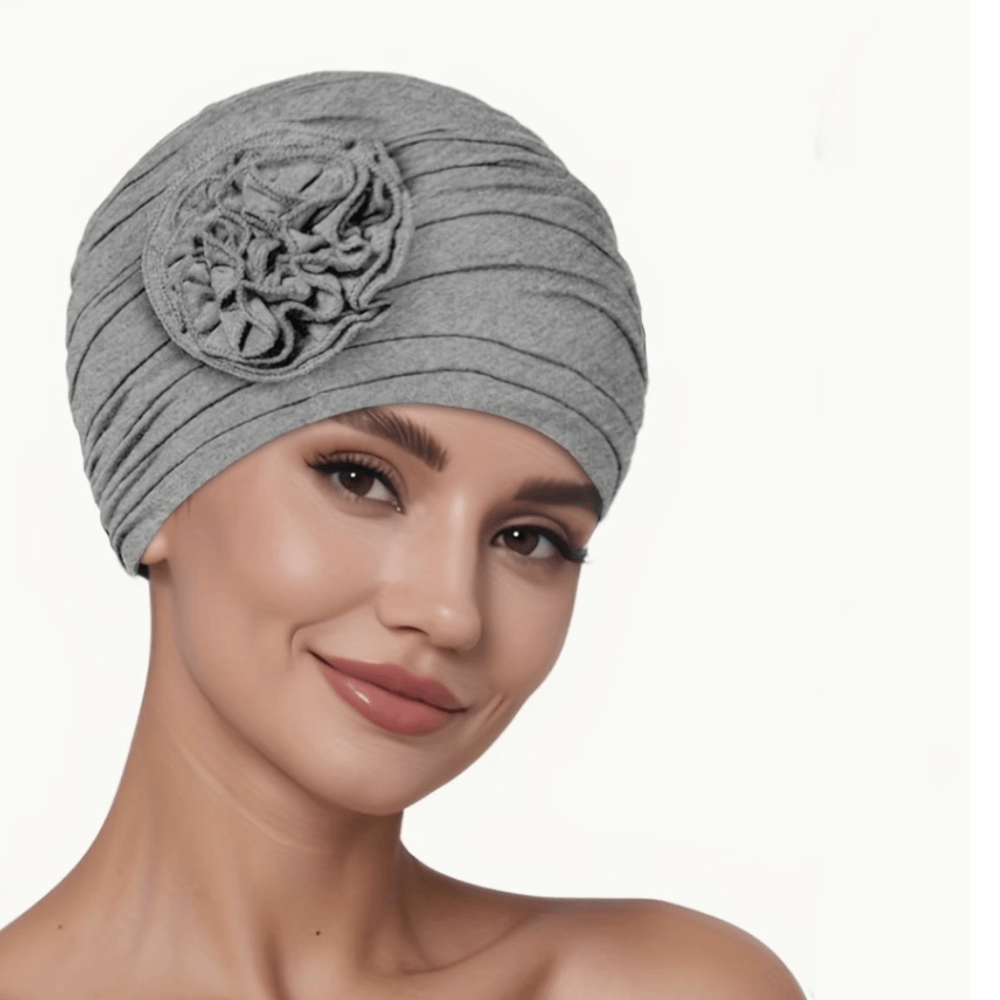 Chemo cap with side flower a comfortable and stylish design.