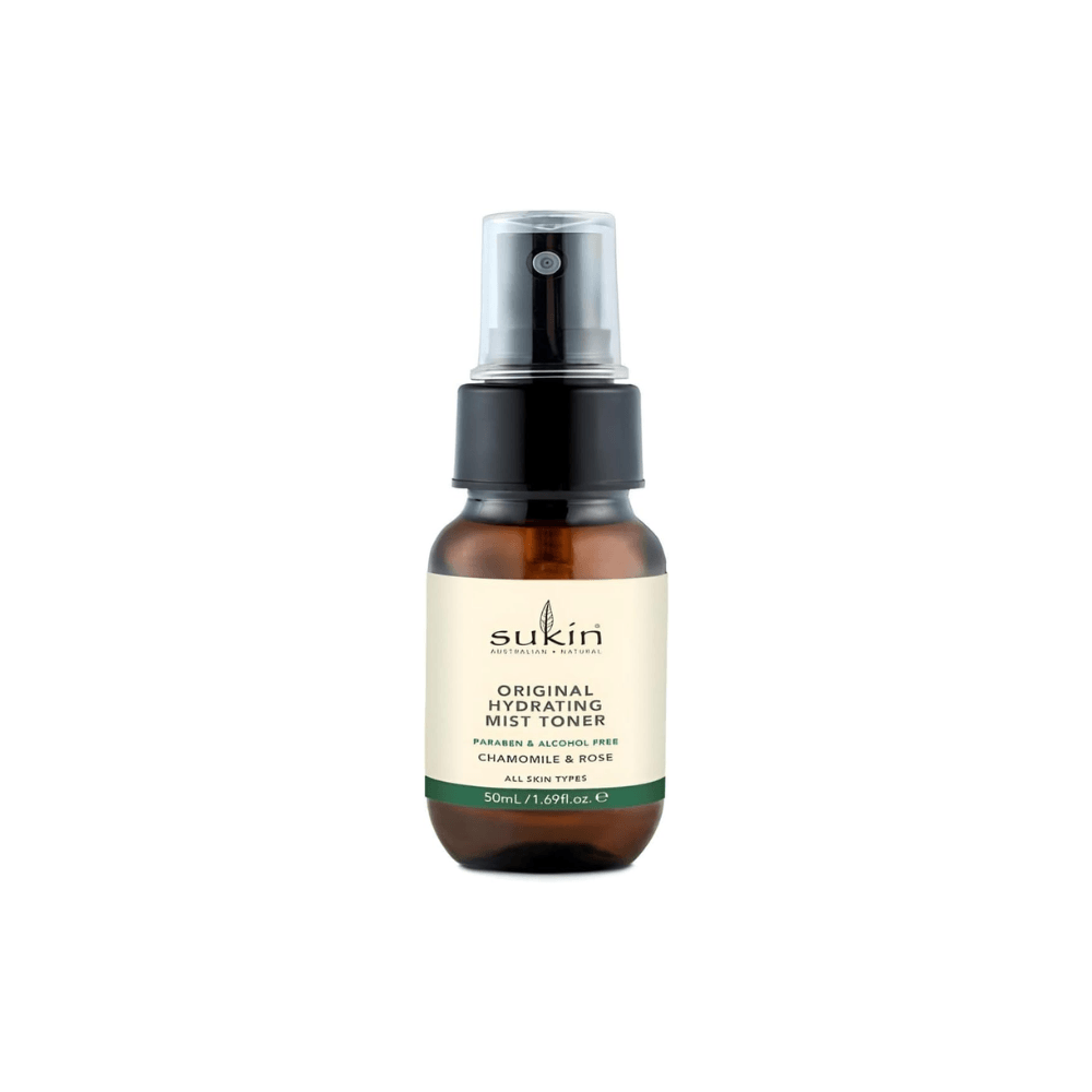 Sukin Hydrating Face Mist Toner in a 50ml spray bottle with chamomile and rosewater for soothing and hydrating skin.